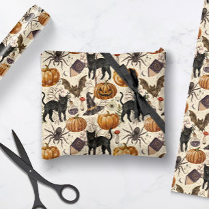 Papel De Presente Halloween Vintage Gatos Pretos e Abóboras