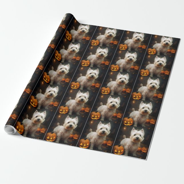 Papel De Presente Halloween West Highland White Terrier Pumpkins (Desenrolado)