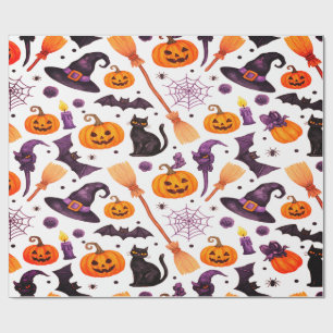 Papel De Presente Halloween Witch Hat Pumpkins Bats Spooky Magic