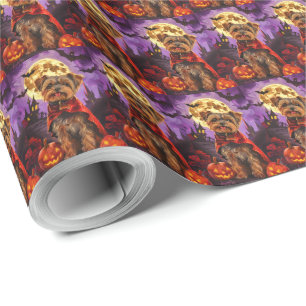 Papel De Presente Halloween Yorkipoo Vampiro Abóboras Assustador
