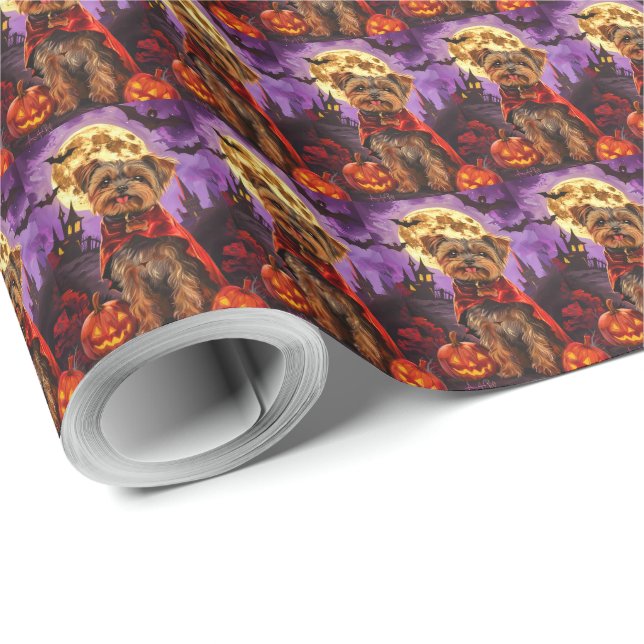 Papel De Presente Halloween Yorkipoo Vampiro Abóboras Assustador (Ponta do rolo)
