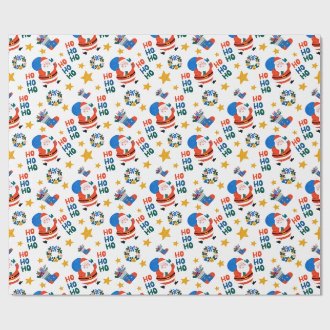 Papel De Presente Hand Drawn Christmas Crayon Style Santa Pattern (Aberto)