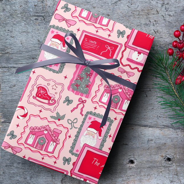 Papel De Presente Hand Drawn christmas doodles pink custom name (Criador carregado)