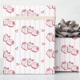 Papel De Presente Hand Drawn Cottagecore Pink Stripe Strawberry