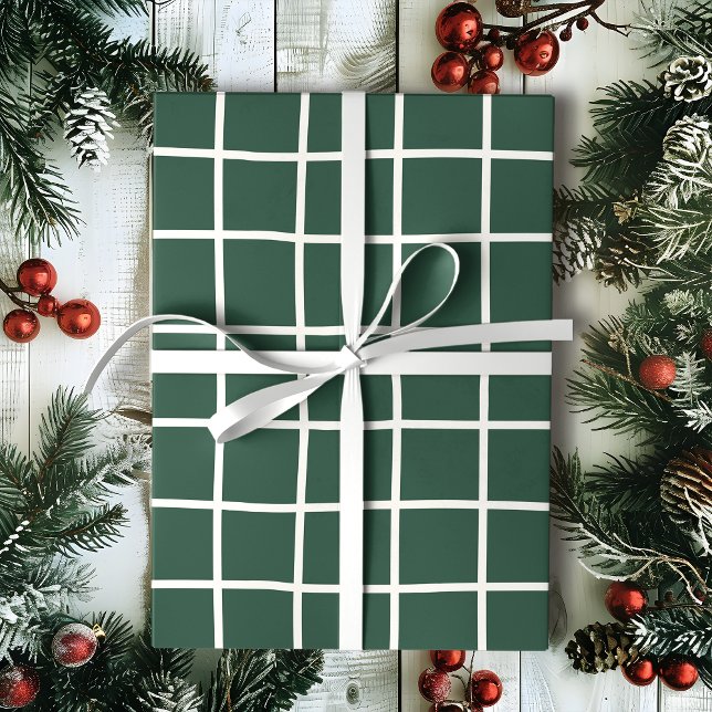 Papel De Presente Hand Drawn Forest Green and White Grid Holiday (Criador carregado)