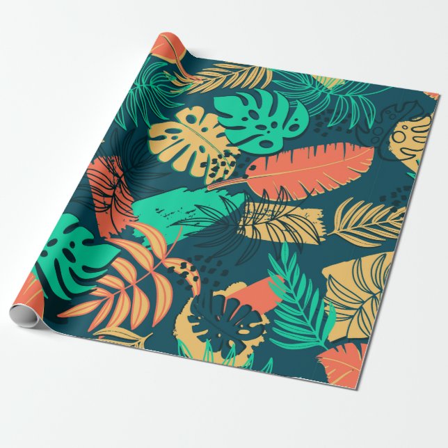 Papel De Presente Hand drawn tropic flat pattern. Palm leaves backgr (Desenrolado)