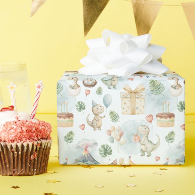 Papel De Presente HandPainted Birthday Dinos Wrapping Paper Roll (Festa de aniversário)