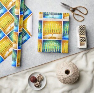 Papel De Presente Hanuká Menorás Amarelo Azul Padrão Moderno Chic