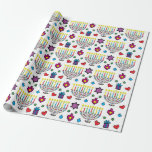 Papel De Presente Hanukiah Hanukkah Menorah Diversão Colorida<br><div class="desc">Hanukiah, Hanukkah Menorah... embrulhando papel. Papel de embrulho colorido cheio de desenhos de Star de Davids, presentes, corações e Hanukiahs! A cor de fundo pode ser alterada!Tipo: Corresponder papel de moldagemCertifique-se de que cada presente que você dá tem uma camada de amor criando papel de moldagem personalizado. Disponível em quatro...</div>