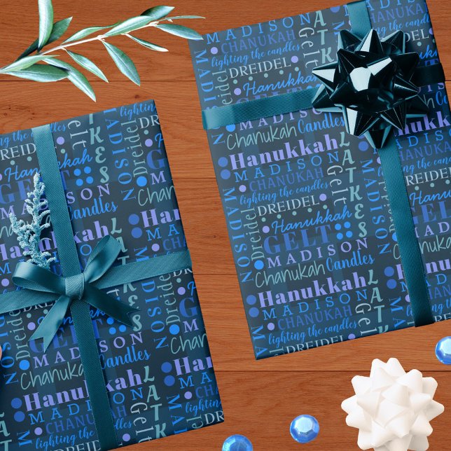 Papel De Presente Hanukkah Collage Azul Escuro, Legal Nome das Crian (Criador carregado)