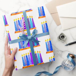 Papel De Presente Hanukkah Divertida Artsy Blue Boho - Velas brancas