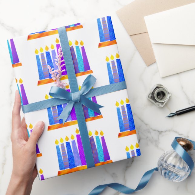 Papel De Presente Hanukkah Divertida Artsy Blue Boho - Velas brancas (Presentear)