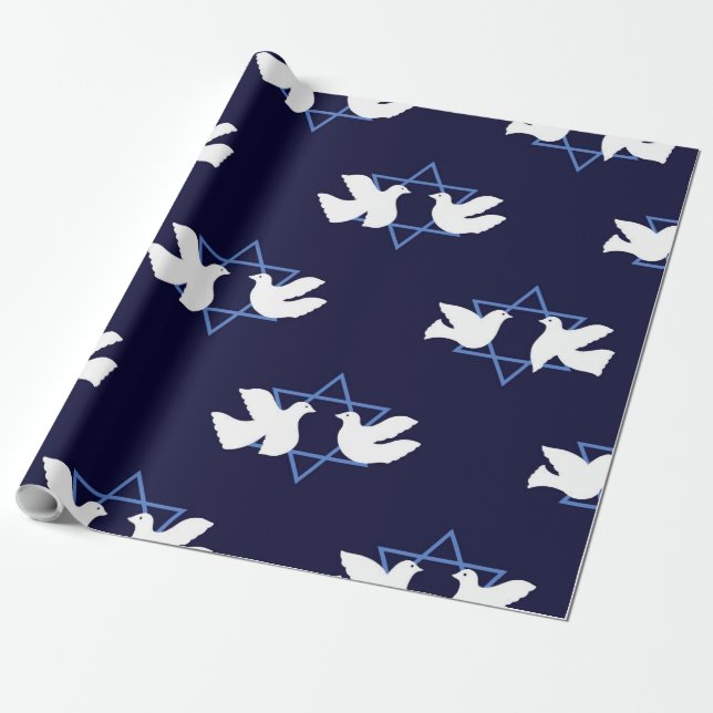 Papel De Presente Hanukkah Dove Peace Star de David Patterned (Desenrolado)