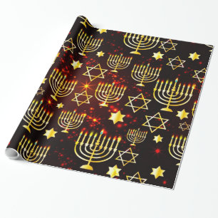 Papel De Presente Hanukkah Menorah Vermelho e Dourado