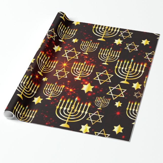 Papel De Presente Hanukkah Menorah Vermelho e Dourado (Desenrolado)
