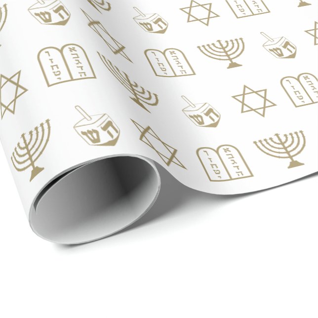 Papel De Presente Hanukkah - Padrão de férias de judeu branco (Ponta do rolo)