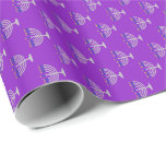 Papel De Presente Hanukkah Silver Menorah em Roxo<br><div class="desc">Papel de enrolamento com menorah prateada com velas azuis e padrão de chama de vela amarela sobre fundo roxo. Personalizável. Perfeito para o feriado judeu de Chanucá (Chanukah).</div>