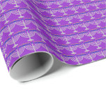 Papel De Presente Hanukkah Silver Menorah em Roxo<br><div class="desc">Papel de enrolamento com menorah prateada com velas azuis e padrão de chama de vela amarela sobre fundo roxo. Personalizável. Perfeito para o feriado judeu de Chanucá (Chanukah).</div>