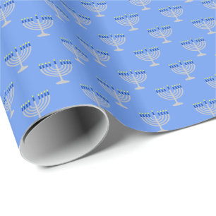 Papel De Presente Hanukkah Silver Menorah no Cornflower Blue