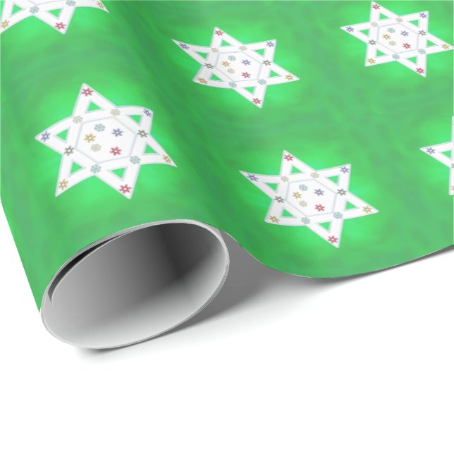 Papel De Presente Hanukkah Star e Snowflakes Green (Ponta do rolo)