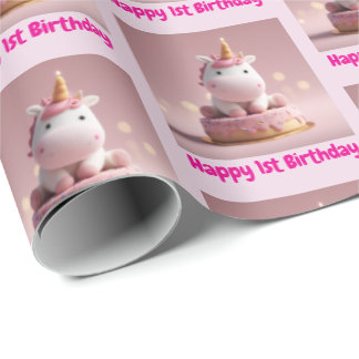 Papel De Presente Happy 1st Birthday, Cute Baby Girl Unicorn