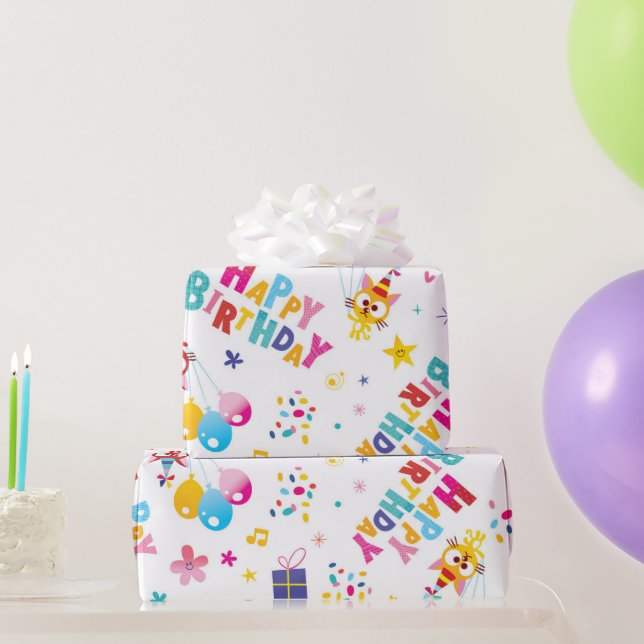 Papel De Presente Happy Birthday Cat Party  (Presentes para festas)