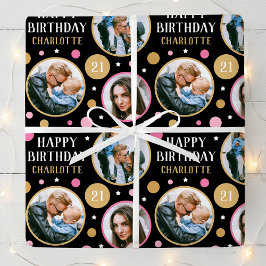 Papel De Presente Happy Birthday Photo Collage Any Age 21st Pink