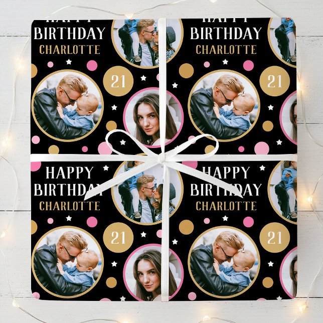 Papel De Presente Happy Birthday Photo Collage Any Age 21st Pink (Criador carregado)
