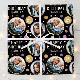 Papel De Presente Happy Birthday Photo Collage Any Age 25th Purple