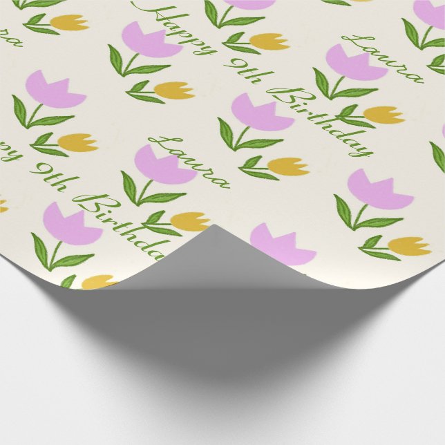Papel De Presente Happy Birthday Pink Orange Tulips Cute Custom Name (Ponta)