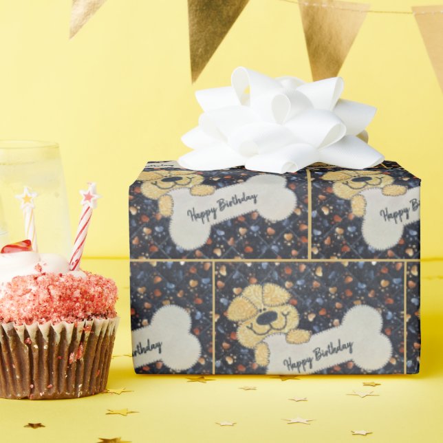 Papel De Presente Happy Birthday Quilt Dog With a Bone (Festa de aniversário)