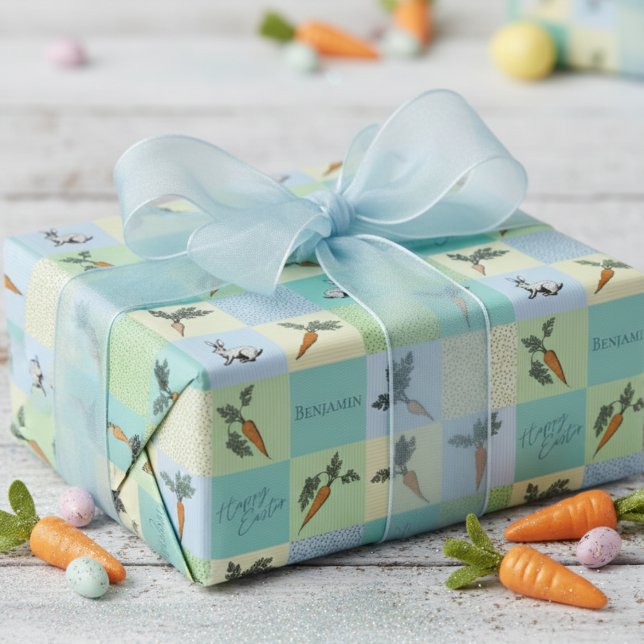 Papel De Presente Happy Easter Rabbit & Carrot Squares Blue Pattern (Colorful Happy Easter Wrapping Paper for Kids. Adorable Bunnies & Carrot Veggies Blue Pattern)