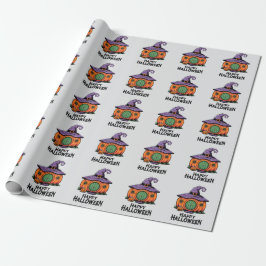 Papel De Presente Happy Halloween Pumpkin Cottage & Witch Hat Roof