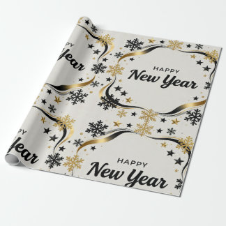 Papel De Presente Happy New Year Black and Gold Snowflake 