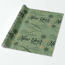 Papel De Presente Happy New Year Black and Gold Snowflake