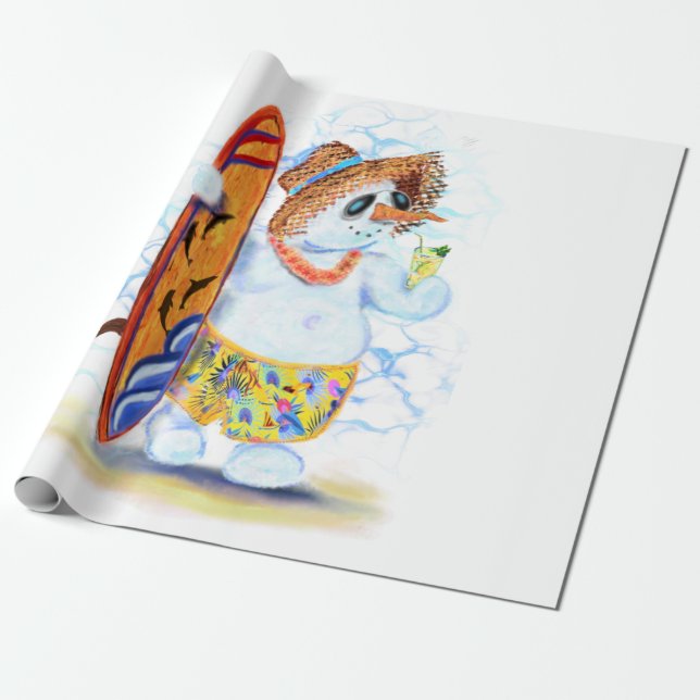 Papel De Presente Happy Summer Snowman Surfer Bebe coquetel fresco (Desenrolado)