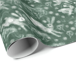 Papel De Presente Hares Snow Field White Rabbit Inverno Padrão Verd