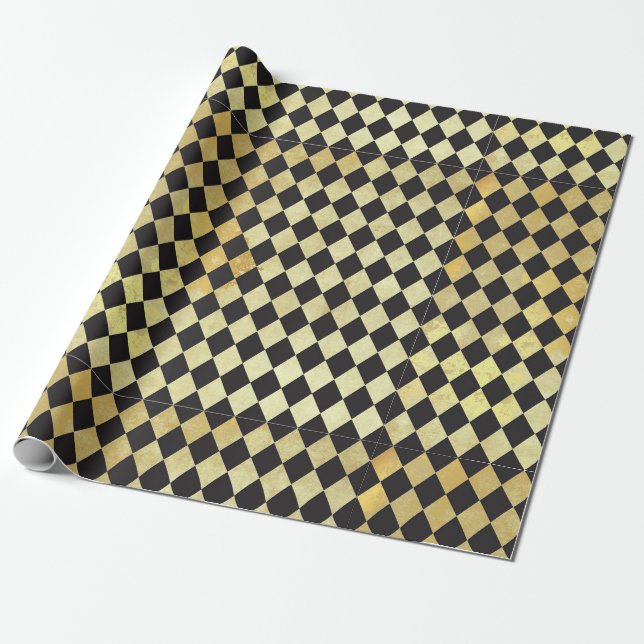 Papel De Presente Harlequin, Dourado e preto, aflitos (Desenrolado)