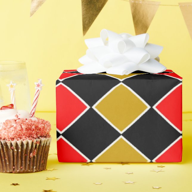 Papel De Presente Harlequin Dourado e vermelho (Festa de aniversário)
