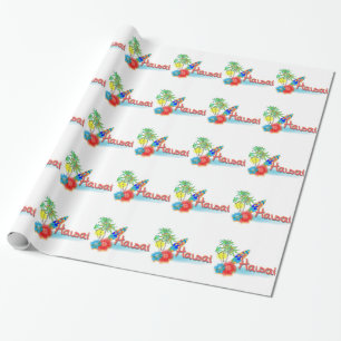 Papel De Presente Havaí com Palmas, Flores e Surfboard