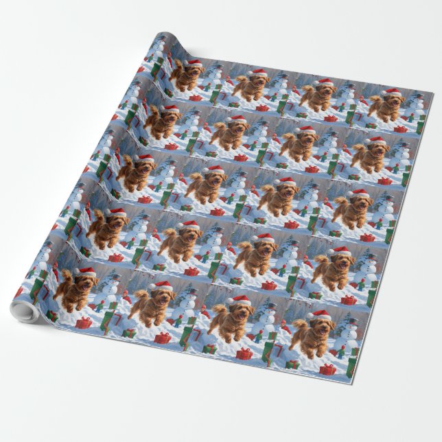 Papel De Presente Havanês Correndo na Neve com Chapéu de Natal (Desenrolado)