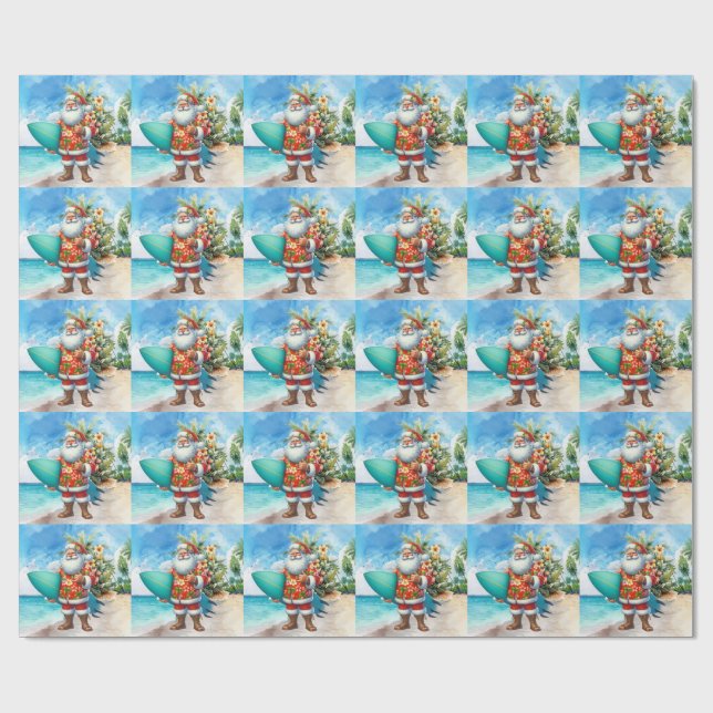 Papel De Presente Hawaii Santa Claus is holding surf board Christmas (Aberto)