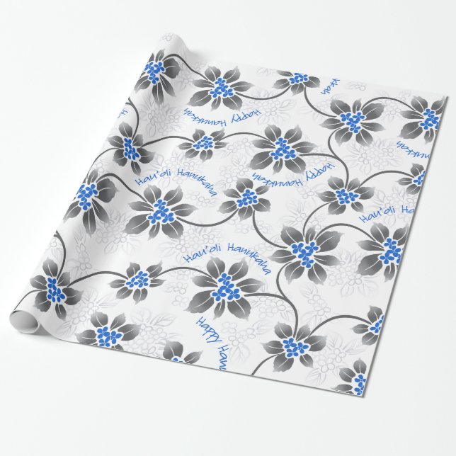 Papel De Presente Hawaiian Holly Hanukkah Blue Floral (Desenrolado)