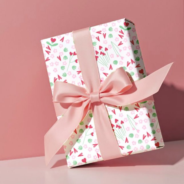 Papel De Presente Heart Bloom Meadow on White – Pink & Red Valentine (Criador carregado)