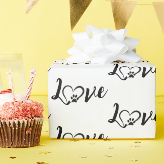 Papel De Presente Heart Dog Paw Print With Love Text (Festa de aniversário)