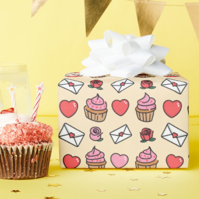 Papel De Presente Hearts and Cupcakes Wrapping Paper (Festa de aniversário)