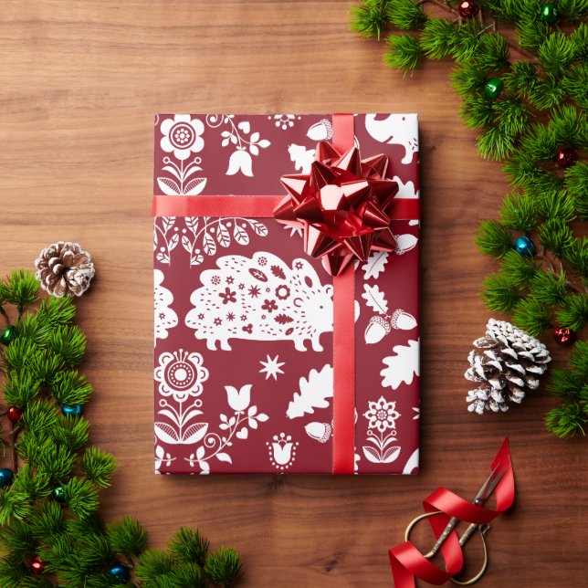Papel De Presente Hedgehog Folk Art (Presente de Natal)