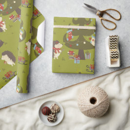 Papel De Presente Hedgehogs Bonitos com Árvore Xmas e Crianças Leigh