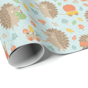 Papel De Presente Hedgehogs bonitos com azul de folhas pequenas