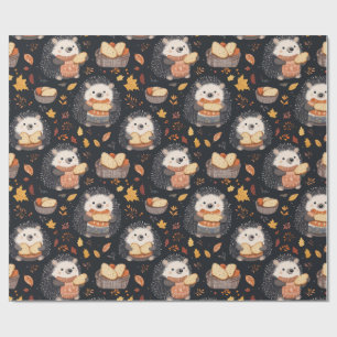 Papel De Presente Hedgehogs bonitos com Folhas de Pão e Outono